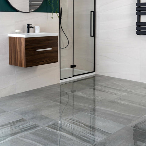 Serenity Grey Stone Effect Porcelain Floor Tile 60x60cm in Bathroom