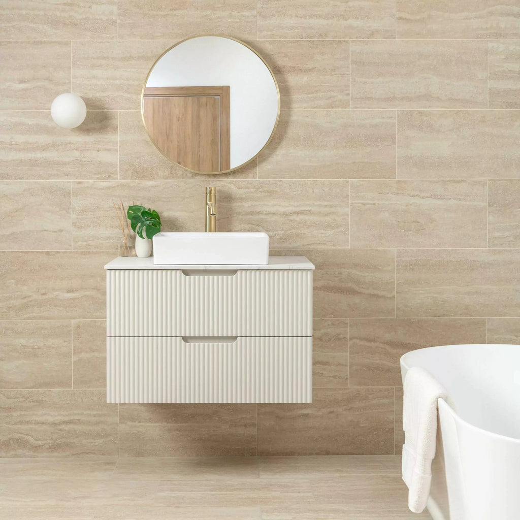 Serenity Sandstone Ivory Matt Stone Effect Porcelain Wall and Floor 600x300mm Tile in Bathroom on Wall and Floor