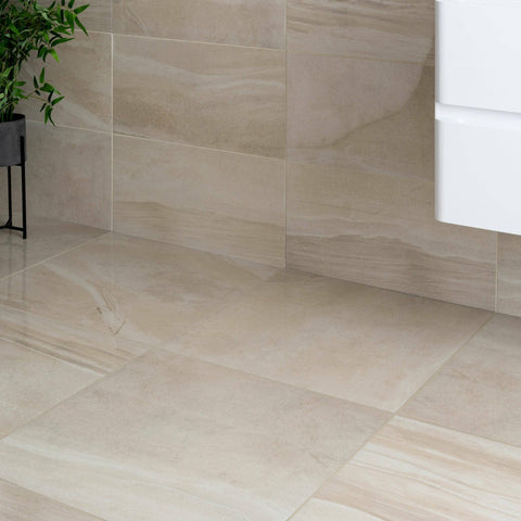Serenity Sandstone Stone Effect Polished Porcelain 60x60cm Floor Tile in Bathroom