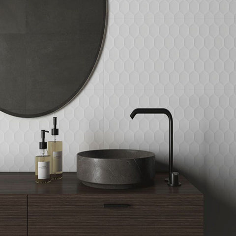 Shapes Matt White Hexagon Ceramic 900x300mm Wall Tile on Bathroom Wall with brown sink, mirror, and unit