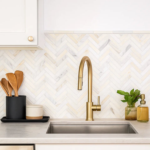 Siena Warm Beige Authentic Marble Herringbone Mosaic Wall and Floor Tile as Kitchen Splash Back