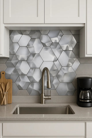 Silver Hexagon 3D Wall Mosaic Tile as Kitchen Splash Back