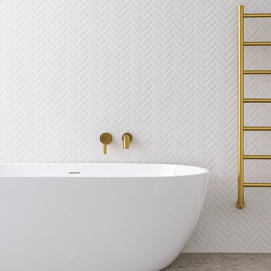 Soft White Artisan Herringbone Porcelain Matt Mosaic Wall and Floor Tile on Bathroom Wall