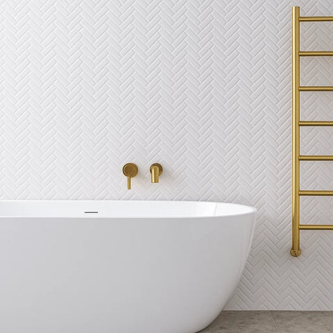 Soft White Artisan Herringbone Porcelain Matt Mosaic Wall and Floor Tile on Bathroom Wall