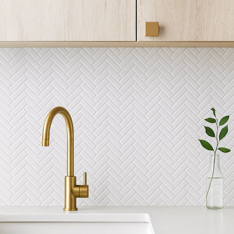 Soft White Artisan Herringbone Porcelain Mosaic Wall and Floor Tile as Kitchen Splashback