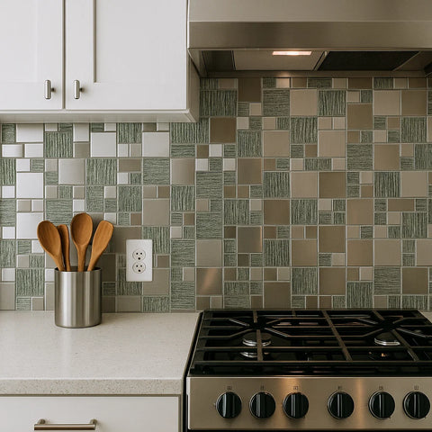 Space Silver Glass and Metal Square Wall Mosaic Tile in kitchen as splashback