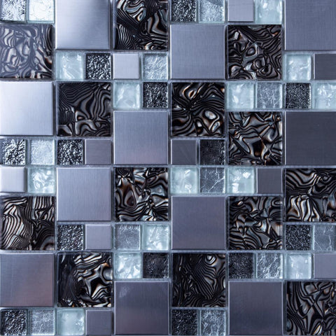 Space Silver and Black Metal and Glass Square Wall Mosaic Tile Product Photo 1