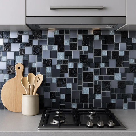 Space Silver and Black Metal and Glass Square Wall Mosaic Tile in kitchen as splashback