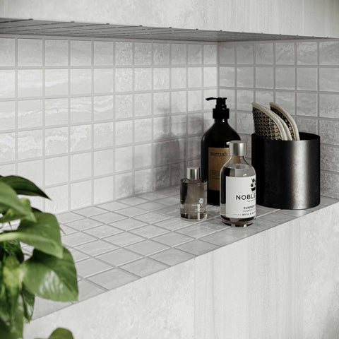 Spaces Ice Grey Stone Effect Square Mosaic 300x300mm Floor and Wall Tile in Shower