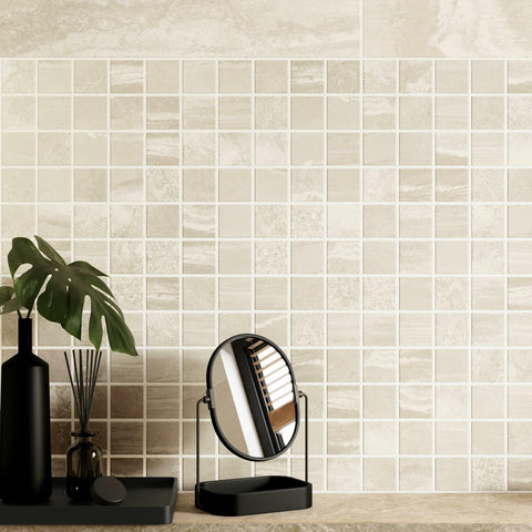 Spaces Sandstone Stone Effect Square Mosaic 300x300mm Floor and Wall Tile on Bathroom Wall