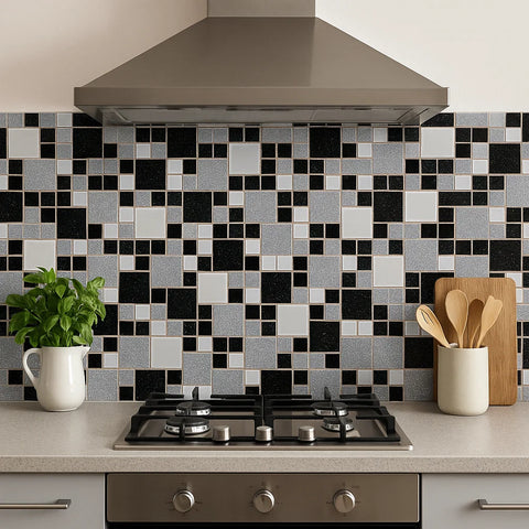 Sparkle Black and Silver Square Glitter Glass Wall Mosaic Tile in kitchen as splashback