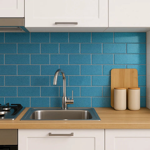 Sparkle Blue Glitter Glass Metro 75x150mm Wall Tile as Kitchen Splashback