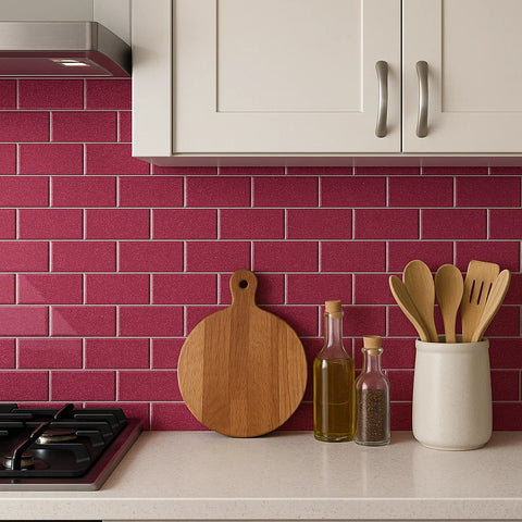 Sparkle Pink Glitter Glass Metro 75x150mm Wall Tile as kitchen splashback