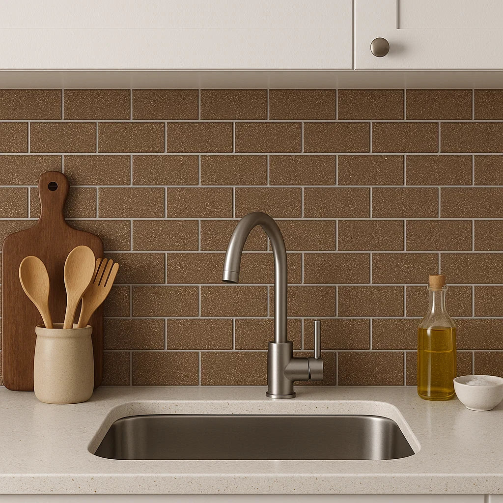 Sparkle Rose Gold Glitter Glass Metro 75x150mm Wall Tile in kitchen as splashback