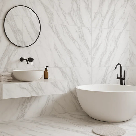 Modern bathroom with marble tiles, a round mirror, and a freestanding bathtub.