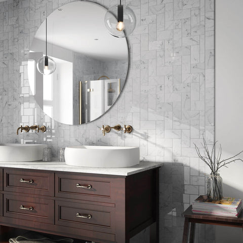 Tau Calacatta Gloss Marble Effect Flat Metro Brick 75x150mm Tile in Bathroom 1