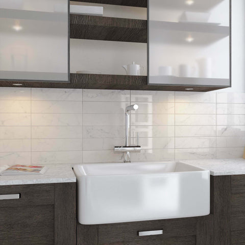 Tau Calacatta Gloss Marble Effect Flat Metro Brick 75x300mm Tile in Kitchen 1