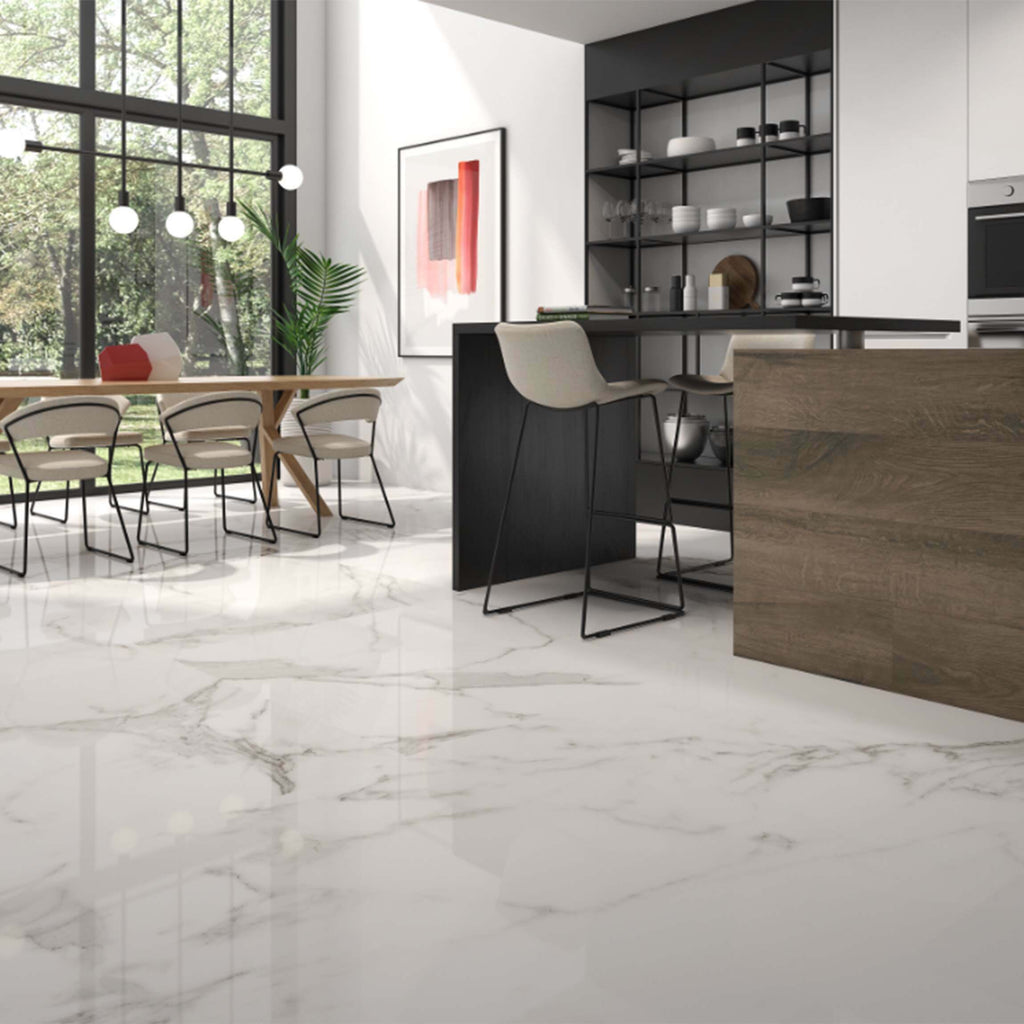 Tau Calacatta XL Polished Porcelain Marble Effect 1200x1200mm Floor Tile in Living Room 1
