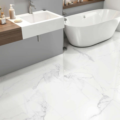 Tau Calacatta XL Polished Porcelain Marble Effect 60x60cm Floor Tile in Bathroom