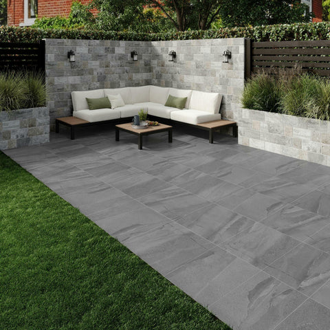 Terra Deep Grey Stone Effect 600x600x20mm Outdoor Patio Slab Tile in Garden