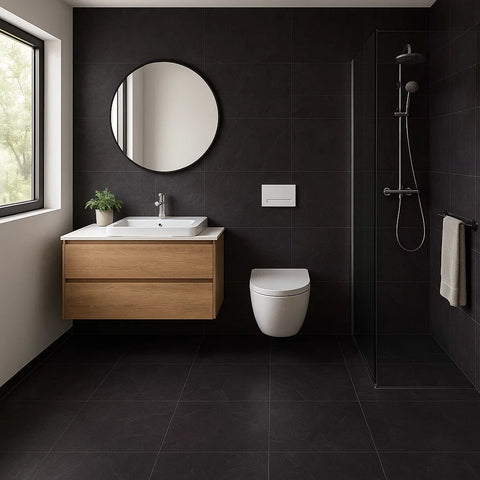 Trilogy Charcoal Black Porcelain Stone Effect Anti Slip 600x600mm Floor Tile in Bathroom