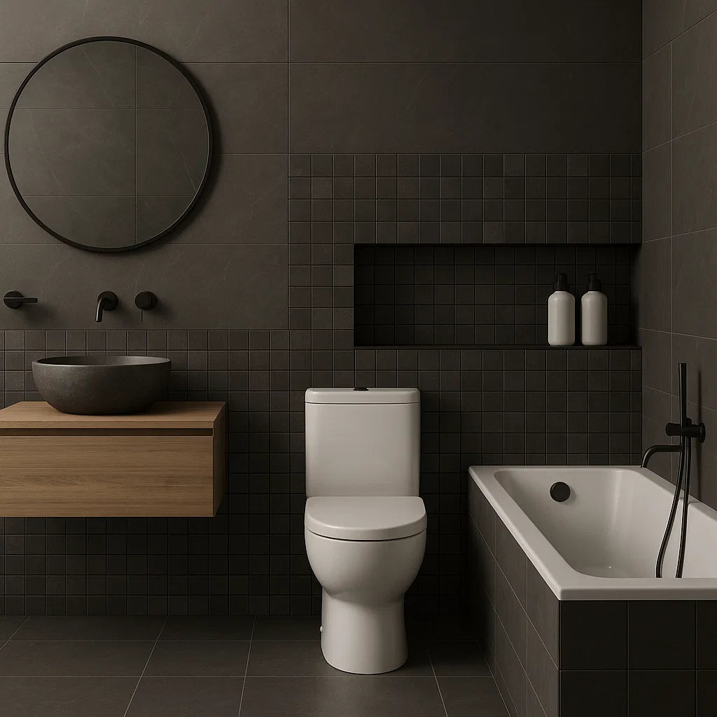 Trilogy Charcoal Black Porcelain Stone Effect Square Mosaic Wall and Floor Tile in Bathroom
