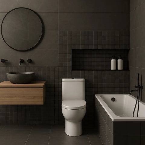 Trilogy Charcoal Black Porcelain Stone Effect Square Mosaic Wall and Floor Tile in Bathroom