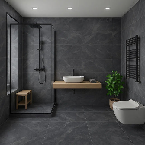 Trilogy Graphite Grey Porcelain Stone Effect Anti Slip 600x300mm Wall and Floor Tile in Bathroom