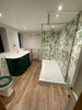 Tropical Forest Green Leaf Pattern Hexagon 333x285 Pattern Wall and Floor Porcelain Tile Customer Photo in Bathroom on Shower Enclosure Walls, with Light Wood Effect Floor Tiles