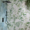 Tropical Forest Green Leaf Pattern Hexagon 333x285 Pattern Wall and Floor Porcelain Tile In Shower Enclosure on Wall Paired with Matching Tropical Ocean Washed Blue Tile