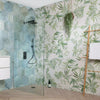 Tropical Forest Green Leaf Pattern Hexagon 333x285 Pattern Wall and Floor Porcelain Tile in Bathroom, used on Shower Enclosure Wall, with the Tropical Ocean Washed Blue Tile on the Wall next to it
