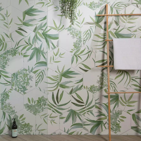 Tropical Forest Green Leaf Pattern Hexagon 333x285 Pattern Wall and Floor Porcelain Tile on Bathroom Wall as Feature Wall