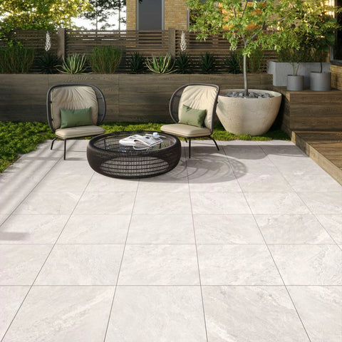 Turin White Outdoor Matt Stone Effect 600x600x200mm Porcelain Tile in Garden as Patio Floor