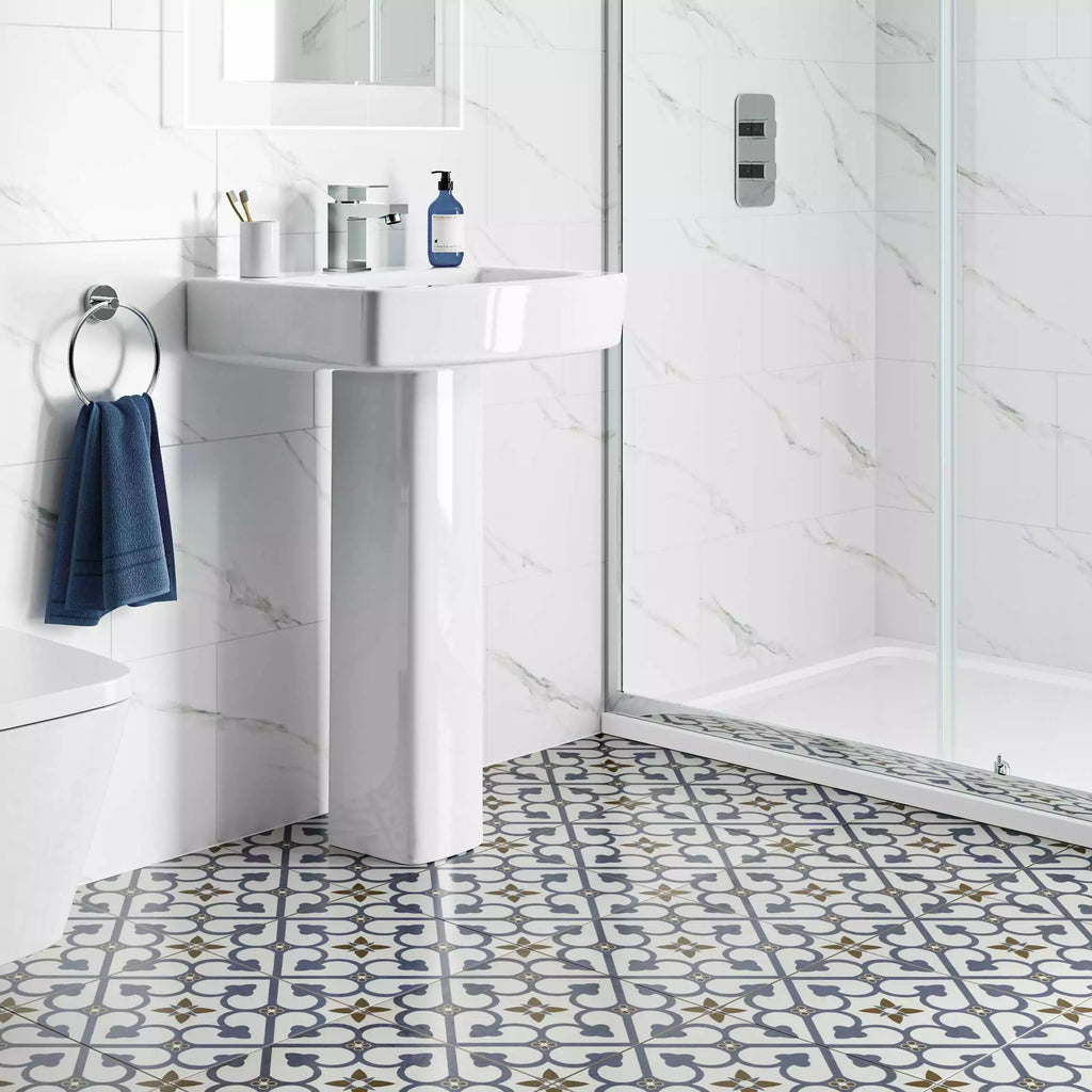 Valor Blue and White Pattern Porcelain Floor Tile on Bathroom Floor