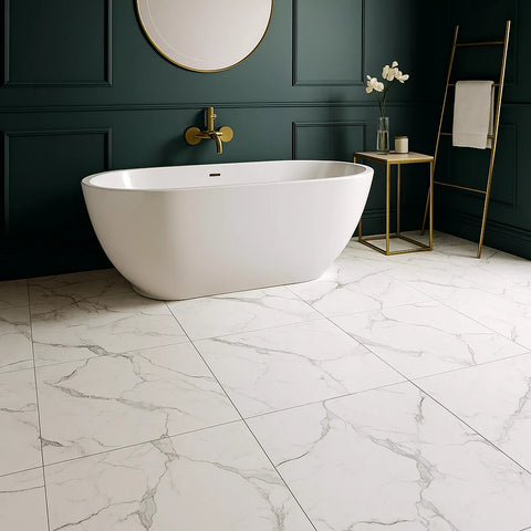 Luxurious Bathroom with White Marble Effect Floor Tiles that Feature Heavy Dark Grey Veining