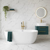 Interior Designed Modern Bathroom with Free Standing Bathtub. White Marble Effect Tile with heavy grey veining is used on Walls and Floors.
