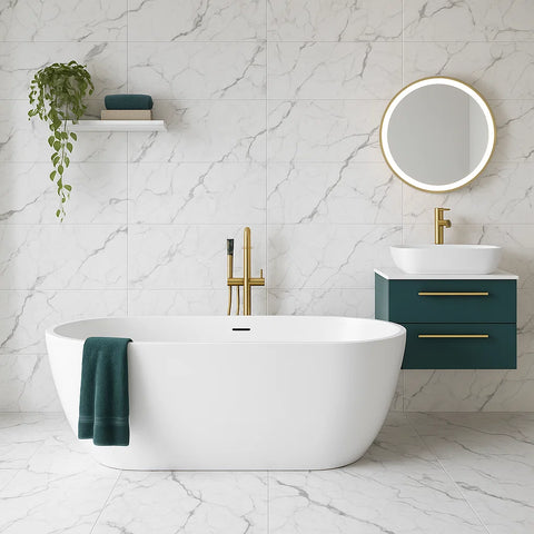 Interior Designed Modern Bathroom with Free Standing Bathtub. White Marble Effect Tile with heavy grey veining is used on Walls and Floors.