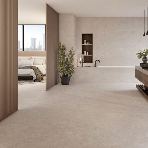 Venice Cool Beige Porcelain Matt Plain Stone Effect Floor 600x600mm Tile in Bathroom Ensuite on Floor