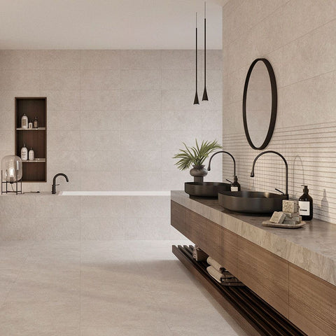 Venice Cool Beige Porcelain Matt Plain Stone Effect Wall and Floor 600x300mm Tile In Bathroom