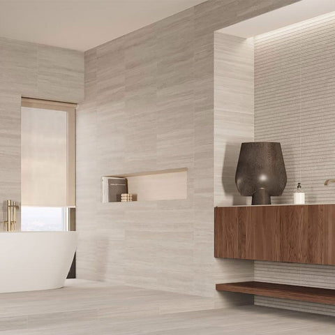 Venice Cool Beige Porcelain Matt Stone Effect Wall and Floor 600x300mm Tile in Bathroom on Walls and Floors