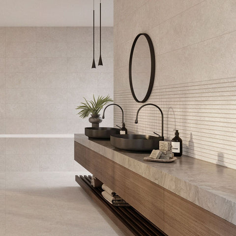Venice Cool Beige Stone Effect Decor Feature Wall 600x300mm Tile on Bathroom Wall