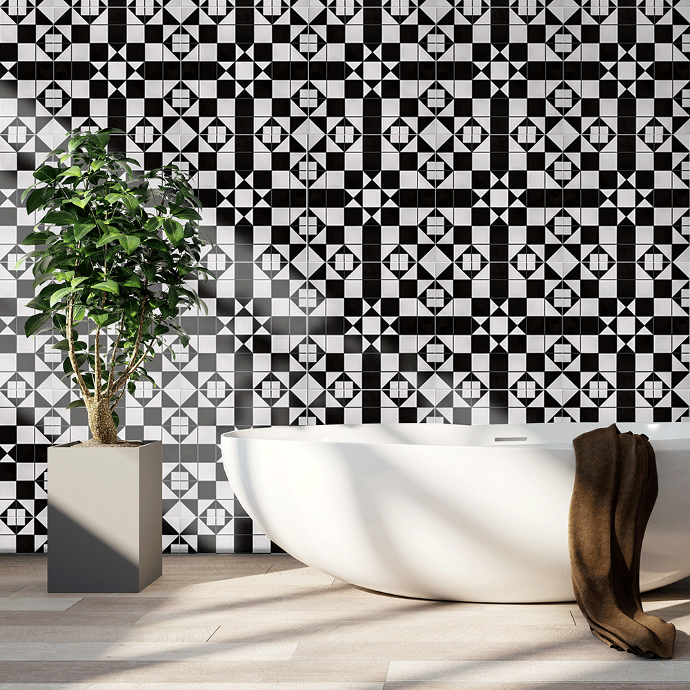 Victorian Black and White Traditional Pattern Ceramic Wall and Floor Tile on Bathroom Wall