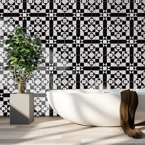 Victorian Black and White Traditional Pattern Ceramic Wall and Floor Tile on Bathroom Wall