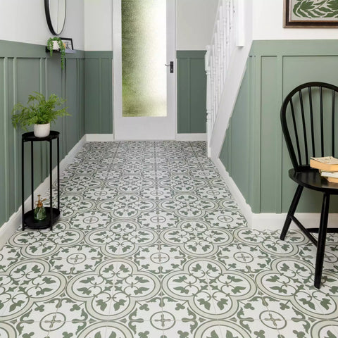 Victorian Henley Army Green Pattern Ceramic Wall and Floor Tile in Hallway