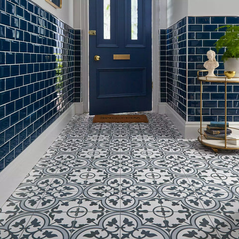 Victorian Henley Dark Blue Pattern Ceramic Wall and Floor Tile in Hallway