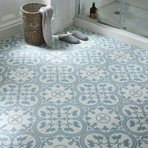 Victorian Henley Light Blue Pattern Ceramic Wall and Floor Tile on Bathroom Floor