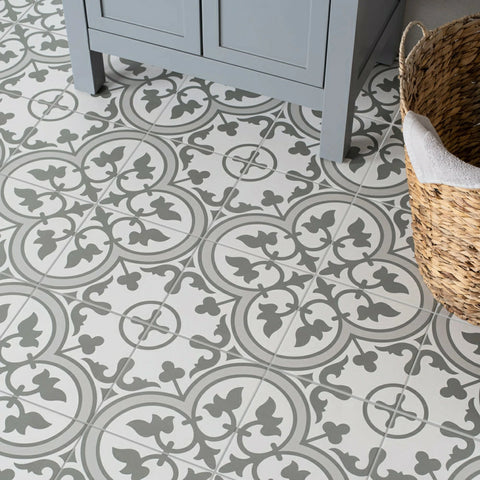 Victorian Henley Light Grey Pattern Ceramic Wall and Floor Tile on Bathroom Floor Close Up