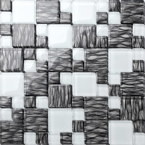 Wave Black and White Square Glass Wall Mosaic Tile Product Photo 1