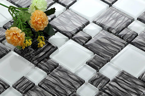 Wave Black and White Square Glass Wall Mosaic Tile Product Photo 3