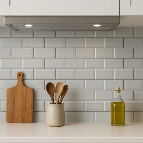 White Bevelled Metro Ceramic Mosaic Wall Tile as Kitchen Splashback